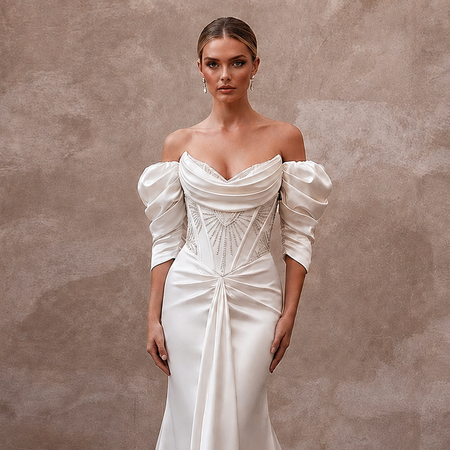 Hollywood Regency Ivory Satin Mermaid Wedding Dress for Elopement Photoshoot