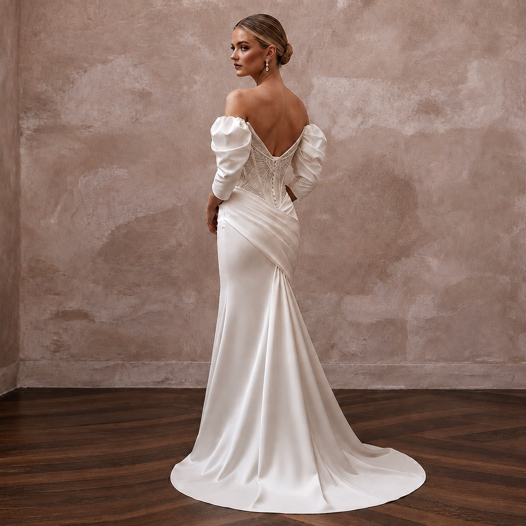 Hollywood Regency Ivory Satin Mermaid Wedding Dress for Elopement Photoshoot