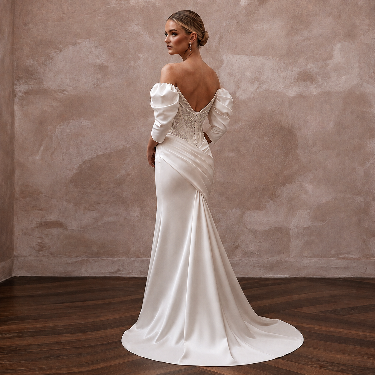 Hollywood Regency Ivory Satin Mermaid Wedding Dress for Elopement Photoshoot