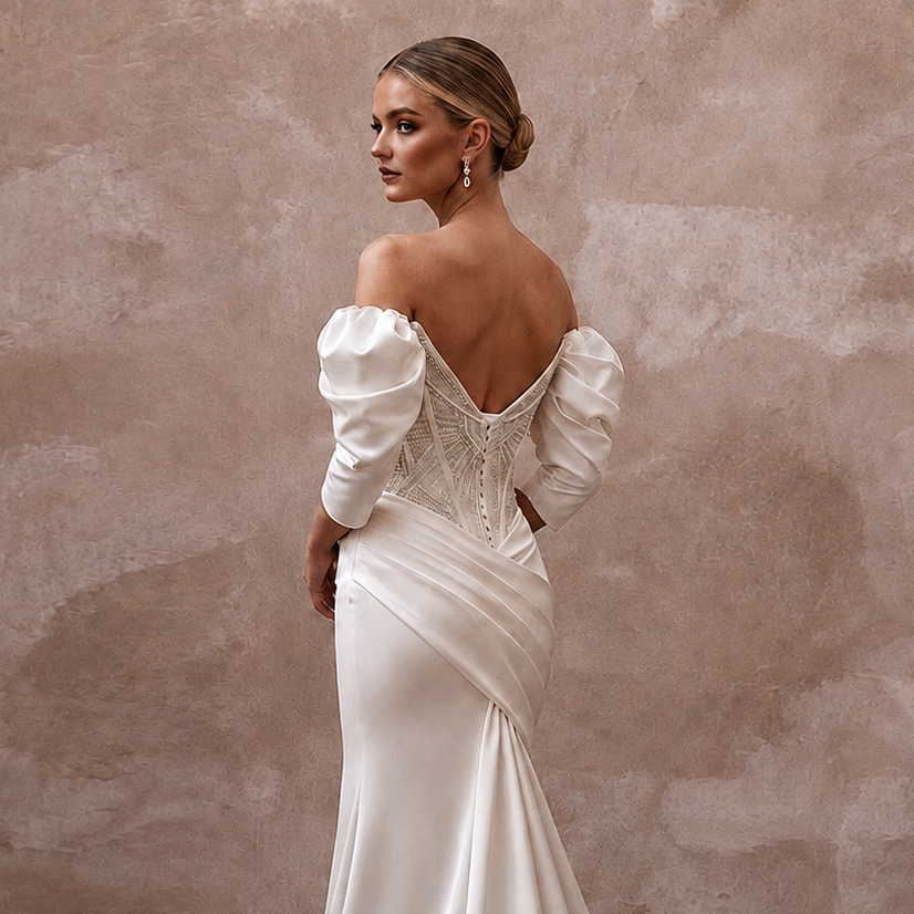 Hollywood Regency Ivory Satin Mermaid Wedding Dress for Elopement Photoshoot