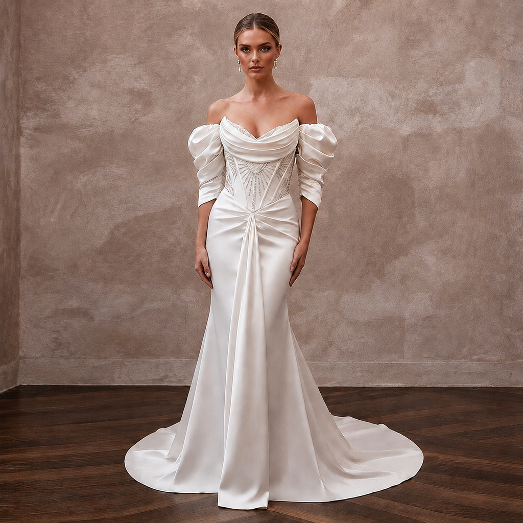 Hollywood Regency Ivory Satin Mermaid Wedding Dress for Elopement Photoshoot