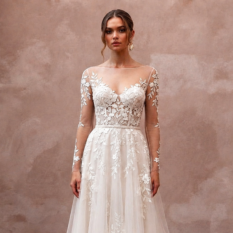 Illusion Neck Wedding Dresses with Botanical Lace Details