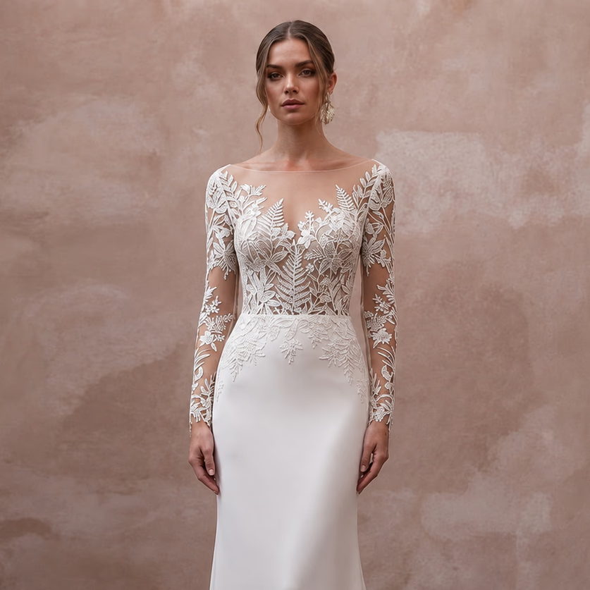 Illusion Neck Wedding Dresses with Botanical Lace Details - Apparel & Accessories > Clothing > Wedding & Bridal Party Dresses > Wedding Dresses - Mignonette Bridal