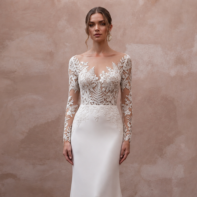 Illusion Neck Wedding Dresses with Botanical Lace Details