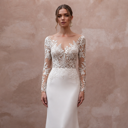 Illusion Neck Wedding Dresses with Botanical Lace Details