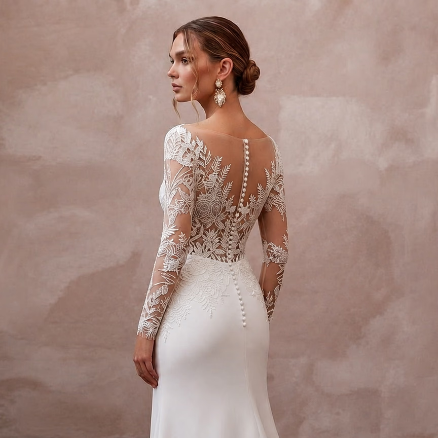 Illusion Neck Wedding Dresses with Botanical Lace Details - Apparel & Accessories > Clothing > Wedding & Bridal Party Dresses > Wedding Dresses - Mignonette Bridal