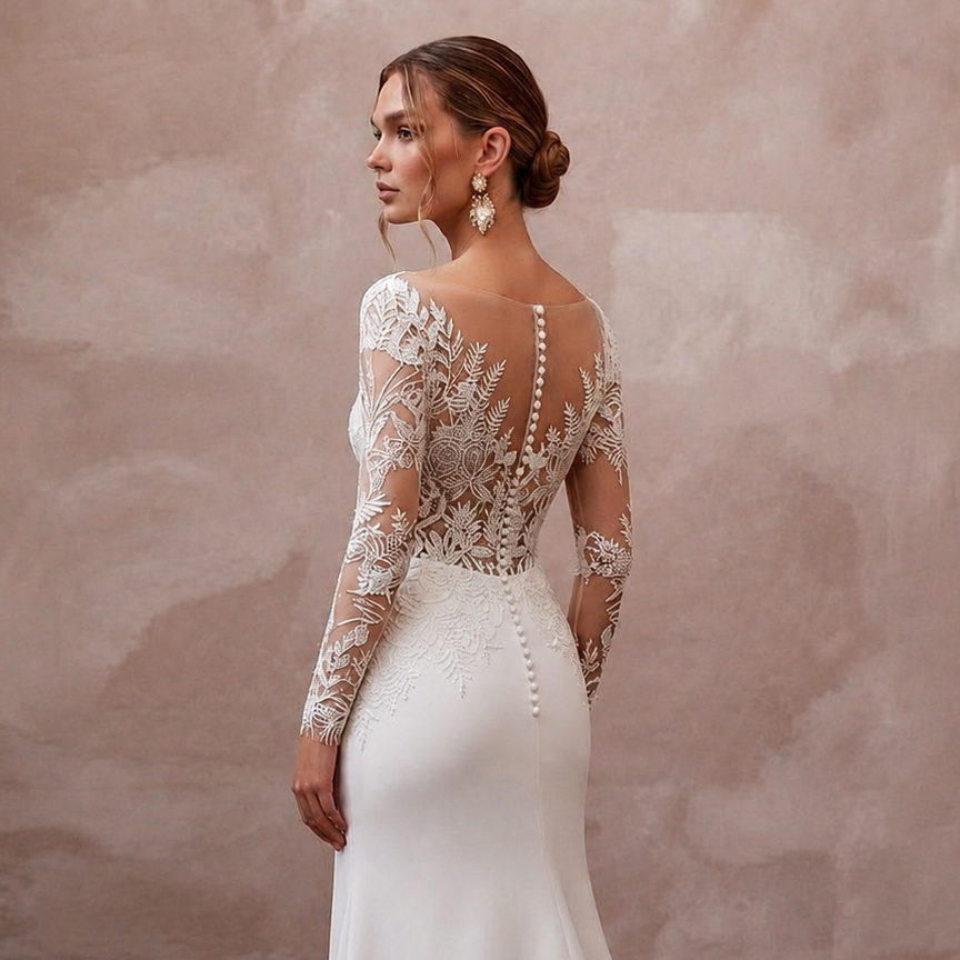 Illusion Neck Wedding Dresses with Botanical Lace Details