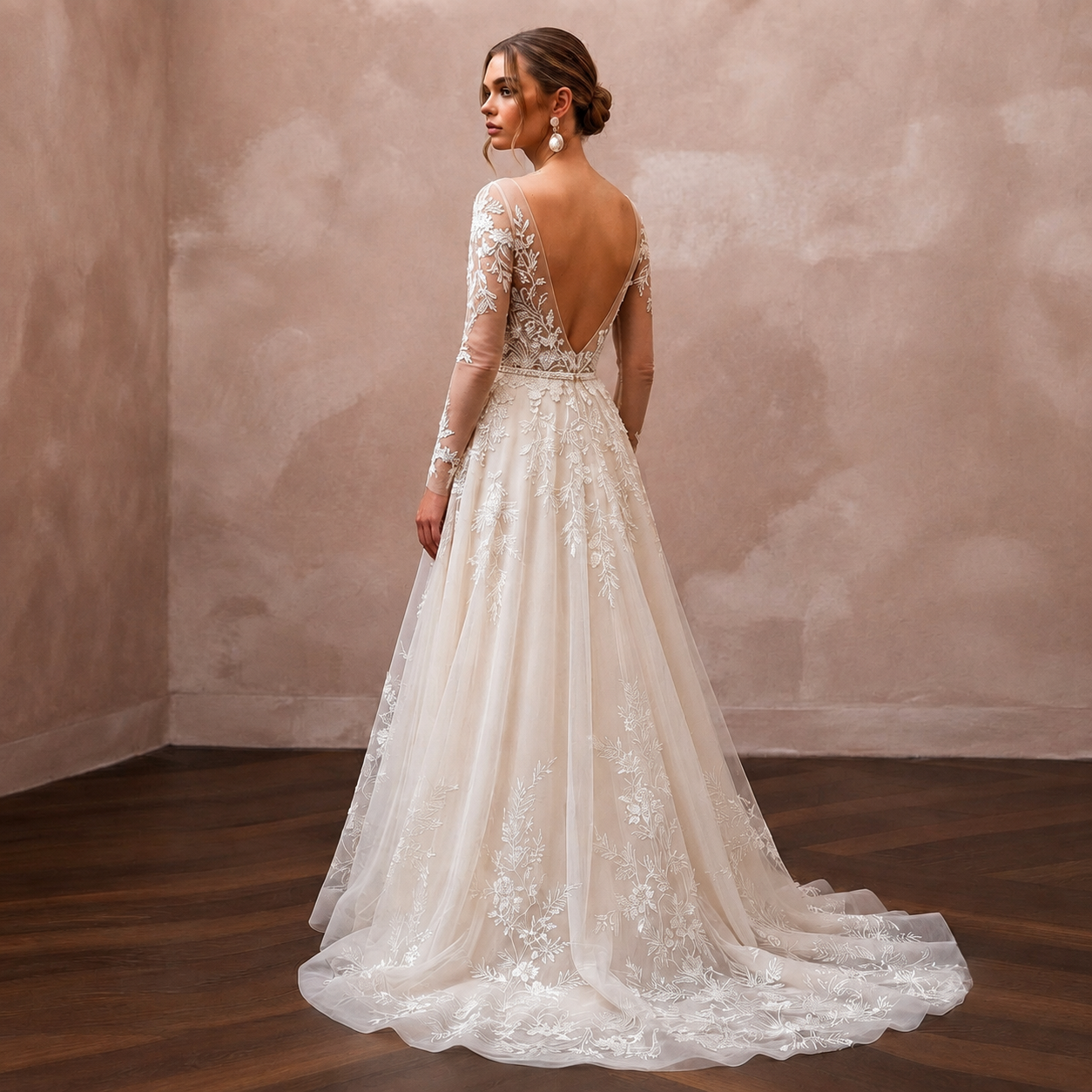 Illusion Neck Wedding Dresses with Botanical Lace Details