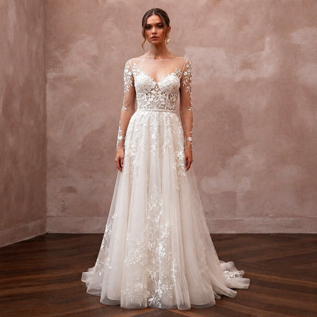 Illusion Neck Wedding Dresses with Botanical Lace Details - Apparel & Accessories > Clothing > Wedding & Bridal Party Dresses > Wedding Dresses - Mignonette Bridal