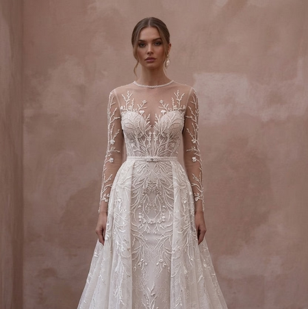 Illusion Neck Wedding Dresses with Embroidered Tulle - Apparel & Accessories > Clothing > Wedding & Bridal Party Dresses > Wedding Dresses - Mignonette
