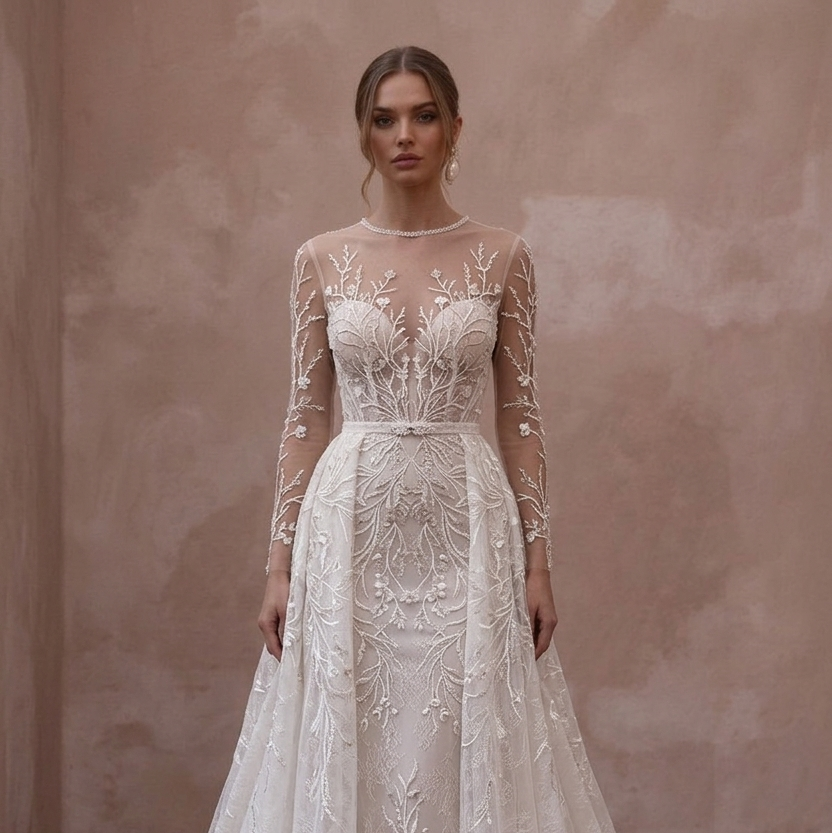 Illusion Neck Wedding Dresses with Embroidered Tulle
