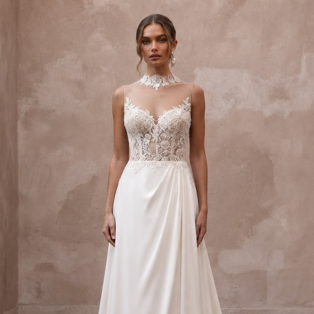 Illusion Neck Wedding Dresses with Floral Lace Panels - Apparel & Accessories > Clothing > Wedding & Bridal Party Dresses > Wedding Dresses - Mignonette