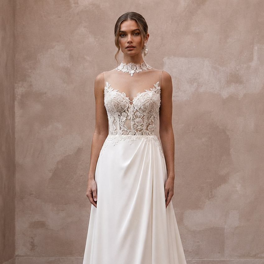 Illusion Neck Wedding Dresses with Floral Lace Panels
