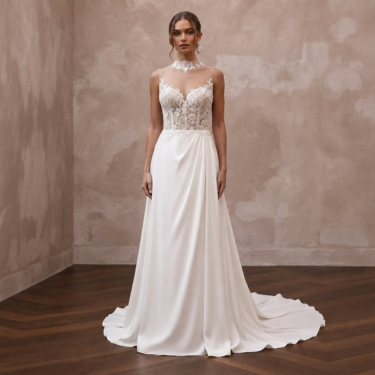 Illusion Neck Wedding Dresses with Floral Lace Panels - Apparel & Accessories > Clothing > Wedding & Bridal Party Dresses > Wedding Dresses - Mignonette Main image