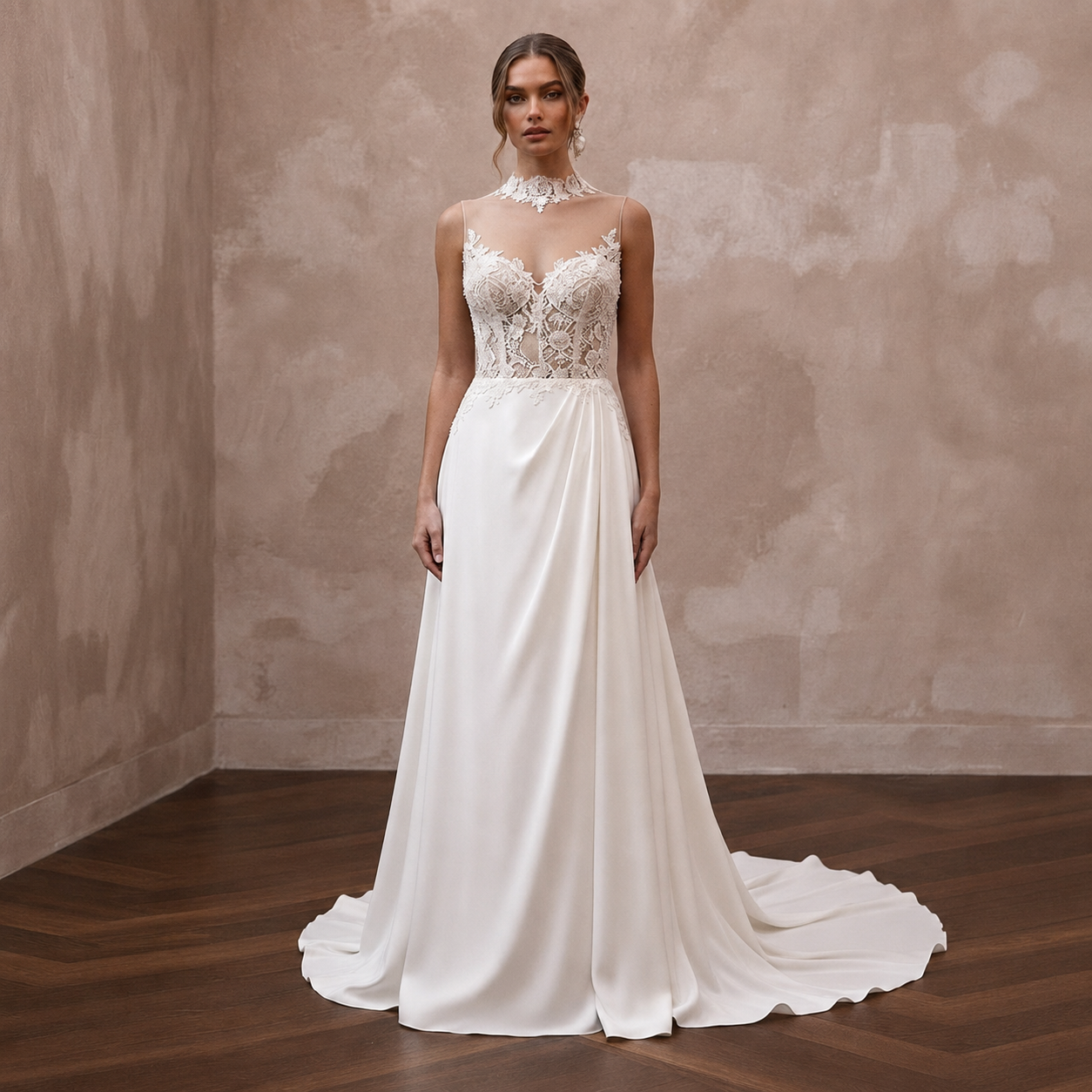 Illusion Neck Wedding Dresses with Floral Lace Panels Main image