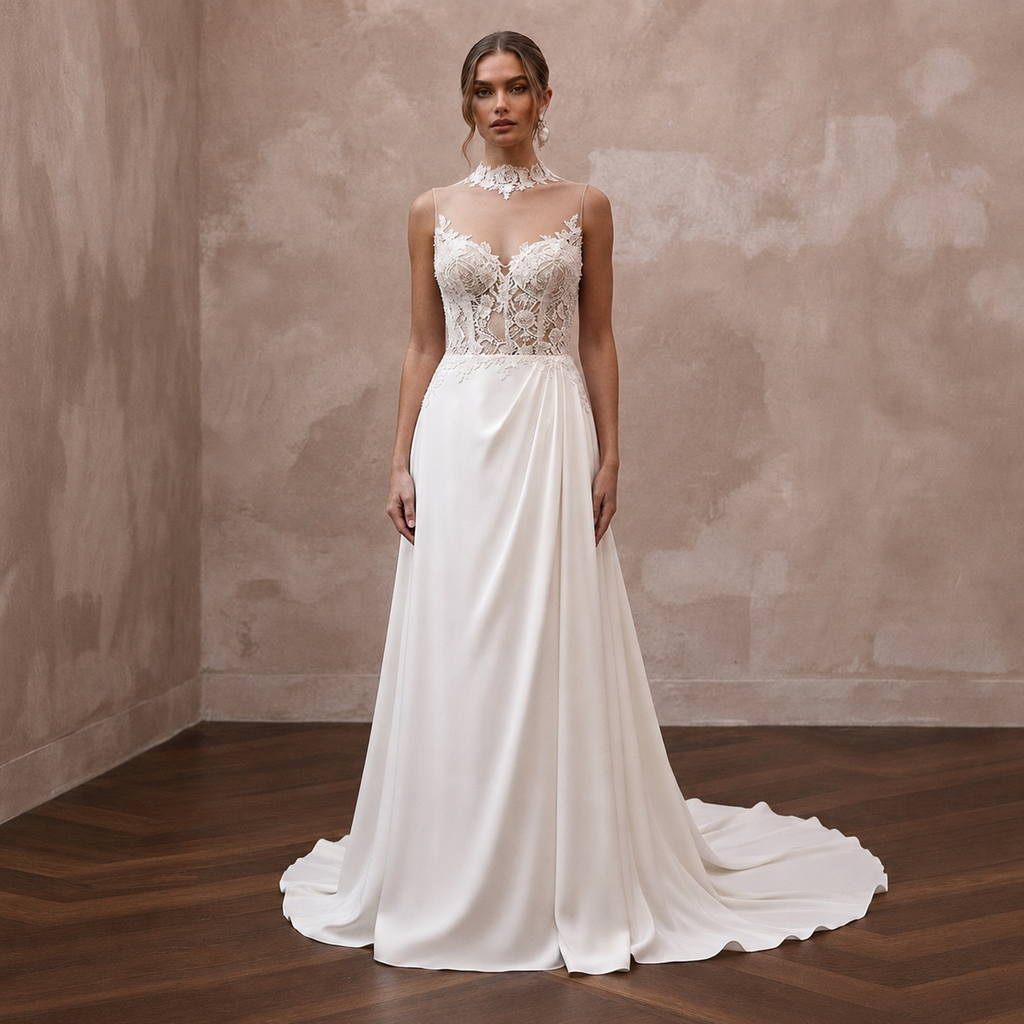 Illusion Neck Wedding Dresses with Floral Lace Panels