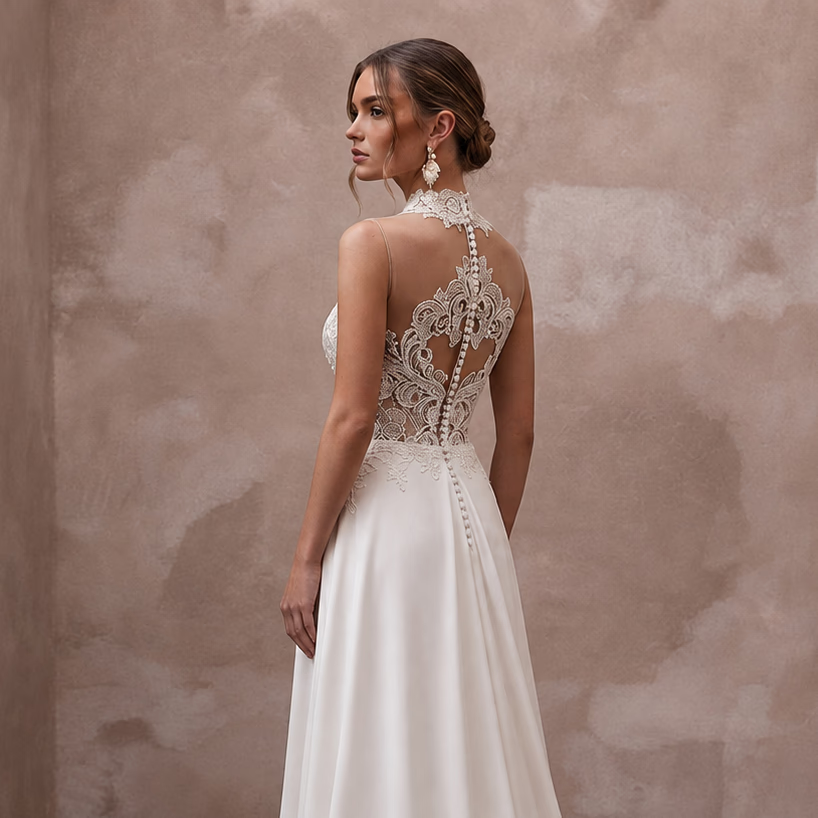 Illusion Neck Wedding Dresses with Floral Lace Panels - Apparel & Accessories > Clothing > Wedding & Bridal Party Dresses > Wedding Dresses - Mignonette