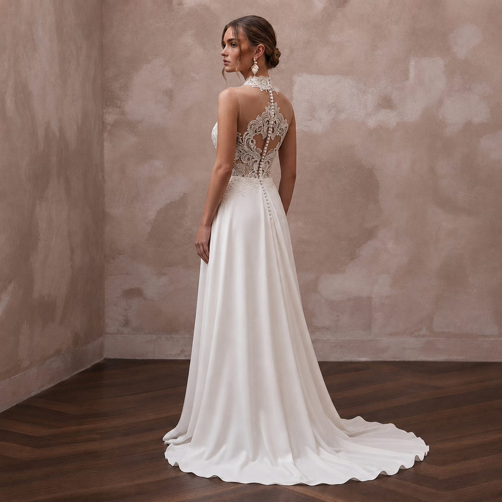 Illusion Neck Wedding Dresses with Floral Lace Panels
