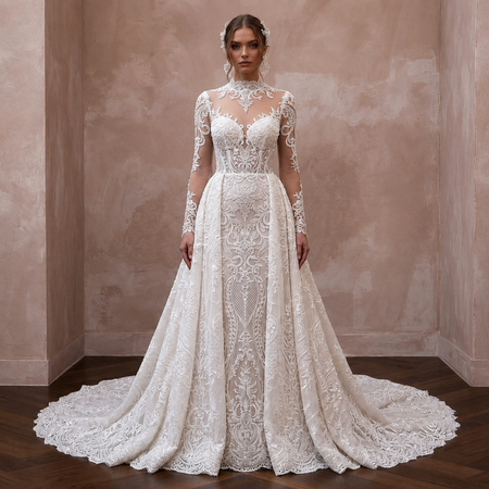 Illusion Sleeve Lace Bridal Gown for a Cathedral Ceremony - Apparel & Accessories > Clothing > Wedding & Bridal Party Dresses > Wedding Dresses - Mignonette Bridal