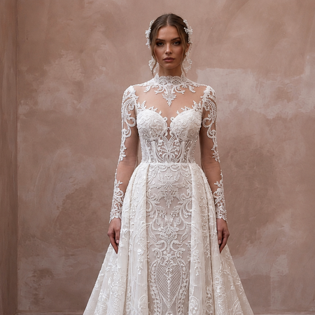 Illusion Sleeve Lace Bridal Gown for a Cathedral Ceremony - Apparel & Accessories > Clothing > Wedding & Bridal Party Dresses > Wedding Dresses - Mignonette Bridal