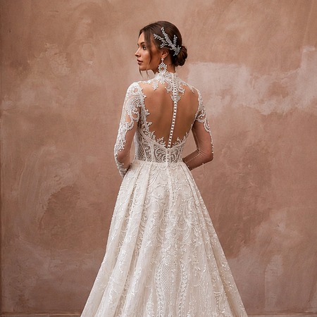 Illusion Sleeve Lace Bridal Gown for a Cathedral Ceremony - Apparel & Accessories > Clothing > Wedding & Bridal Party Dresses > Wedding Dresses - Mignonette Bridal