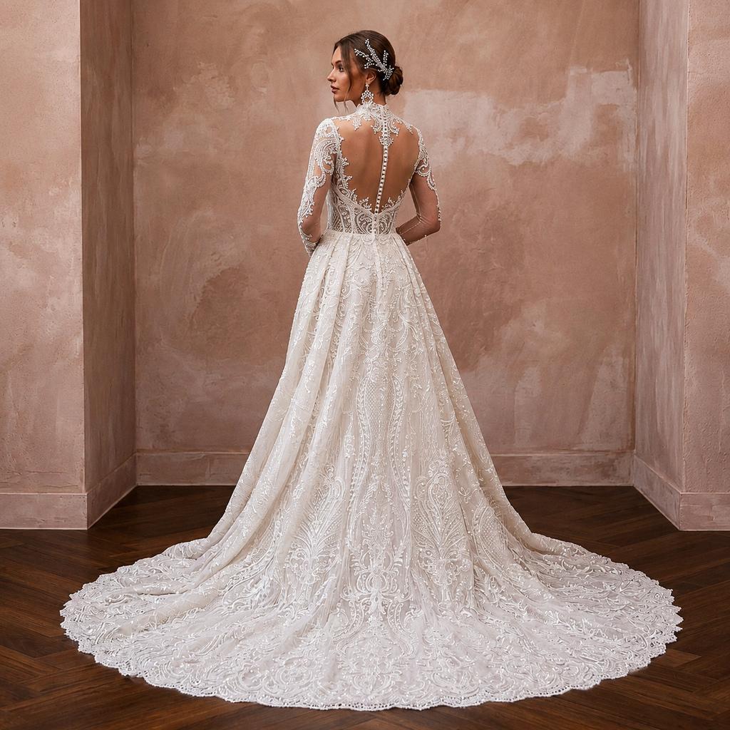 Illusion Sleeve Lace Bridal Gown for a Cathedral Ceremony - Apparel & Accessories > Clothing > Wedding & Bridal Party Dresses > Wedding Dresses - Mignonette Bridal