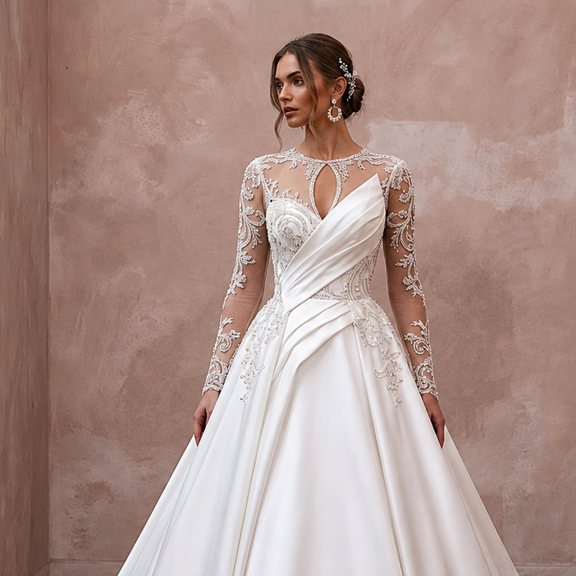 Illusion Sleeve Satin Bridal Dress for a Church Wedding - Apparel & Accessories > Clothing > Wedding & Bridal Party Dresses > Wedding Dresses - Mignonette Bridal