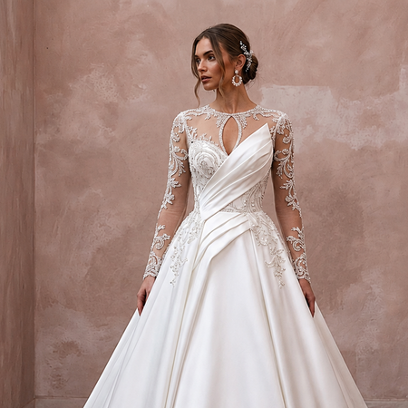 Illusion Sleeve Satin Bridal Dress for a Church Wedding - Apparel & Accessories > Clothing > Wedding & Bridal Party Dresses > Wedding Dresses - Mignonette Bridal