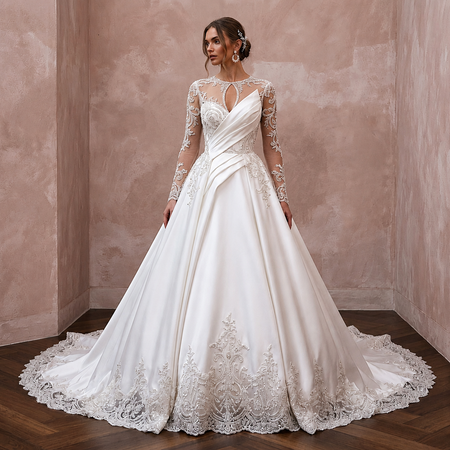 Illusion Sleeve Satin Bridal Dress for a Church Wedding - Apparel & Accessories > Clothing > Wedding & Bridal Party Dresses > Wedding Dresses - Mignonette Bridal