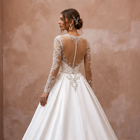 Illusion Sleeve Satin Bridal Dress for a Church Wedding - Apparel & Accessories > Clothing > Wedding & Bridal Party Dresses > Wedding Dresses - Mignonette Bridal