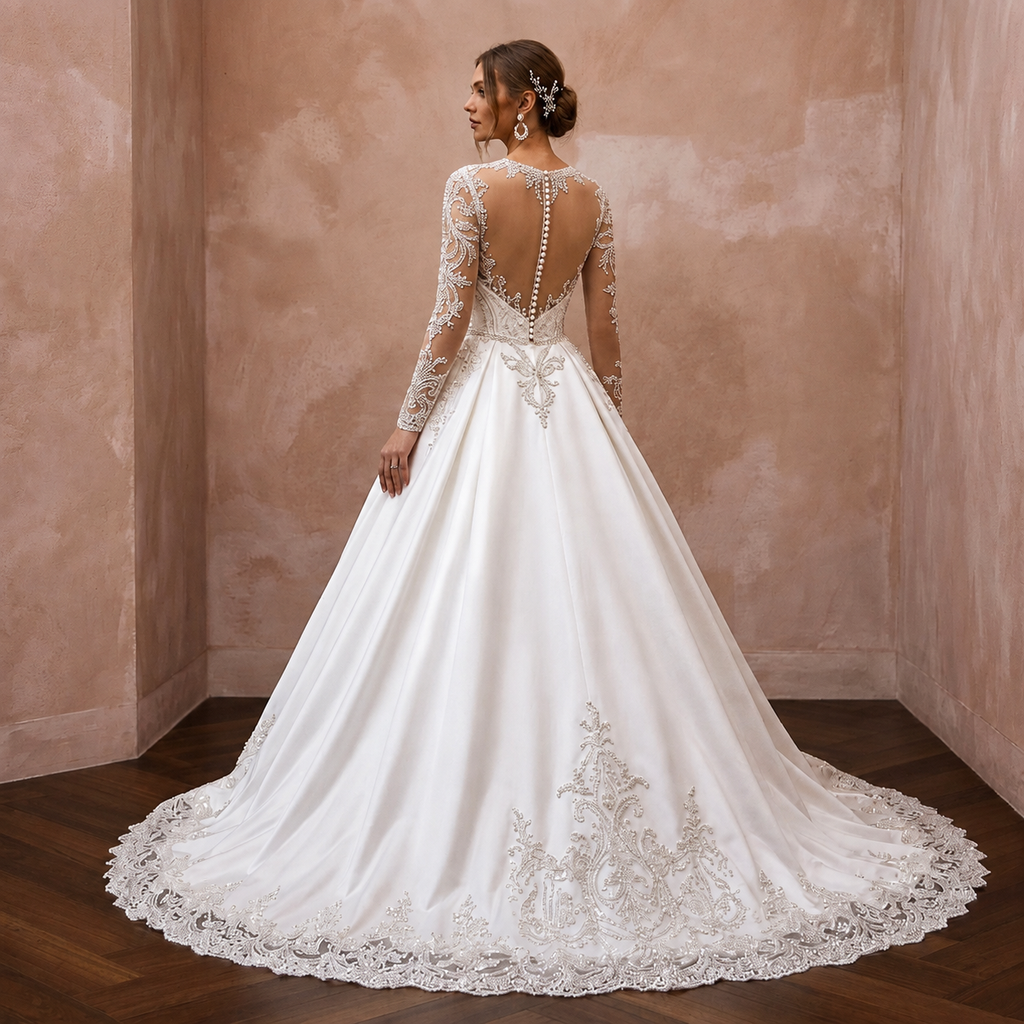 Illusion Sleeve Satin Bridal Dress for a Church Wedding - Apparel & Accessories > Clothing > Wedding & Bridal Party Dresses > Wedding Dresses - Mignonette Bridal