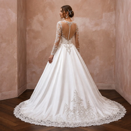 Illusion Sleeve Satin Bridal Dress for a Church Wedding - Apparel & Accessories > Clothing > Wedding & Bridal Party Dresses > Wedding Dresses - Mignonette Bridal