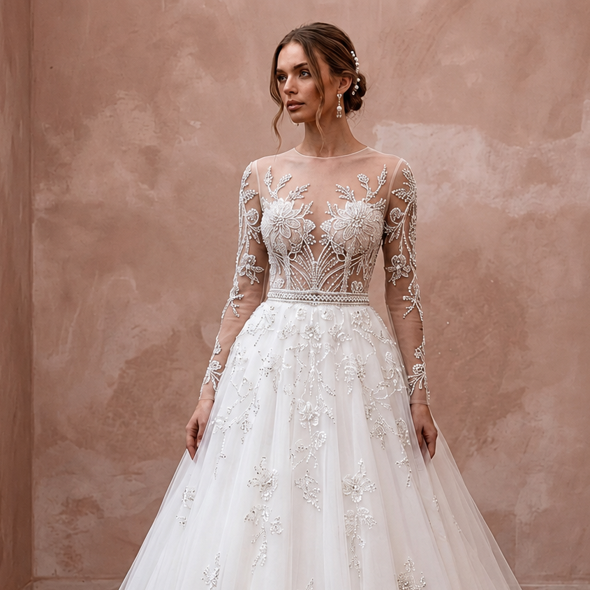 Illusion Sleeve Tulle Wedding Gown for a Formal Wedding - Apparel & Accessories > Clothing > Wedding & Bridal Party Dresses > Wedding Dresses - Mignonette Bridal