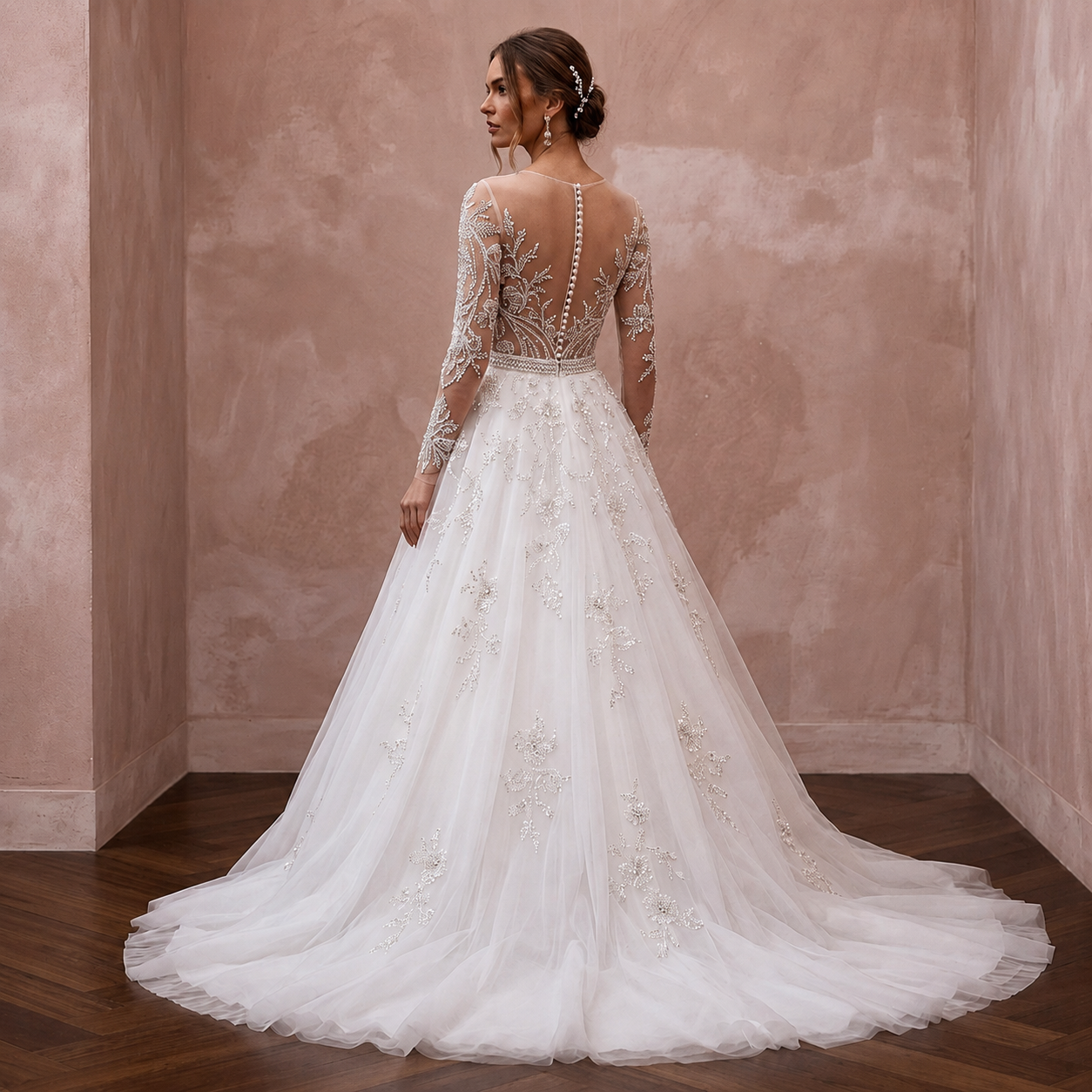 Illusion Sleeve Tulle Wedding Gown for a Formal Wedding - Apparel & Accessories > Clothing > Wedding & Bridal Party Dresses > Wedding Dresses - Mignonette Bridal