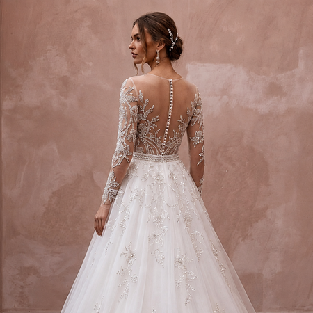 Illusion Sleeve Tulle Wedding Gown for a Formal Wedding - Apparel & Accessories > Clothing > Wedding & Bridal Party Dresses > Wedding Dresses - Mignonette Bridal