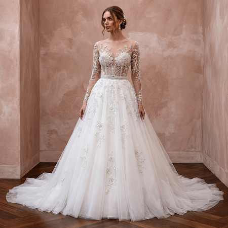 Illusion Sleeve Tulle Wedding Gown for a Formal Wedding - Apparel & Accessories > Clothing > Wedding & Bridal Party Dresses > Wedding Dresses - Mignonette Bridal