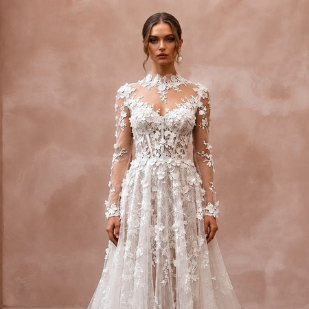 Illusion Sleeve Wedding Gown with Floral Lace - Apparel & Accessories > Clothing > Wedding & Bridal Party Dresses > Wedding Dresses - Mignonette Bridal