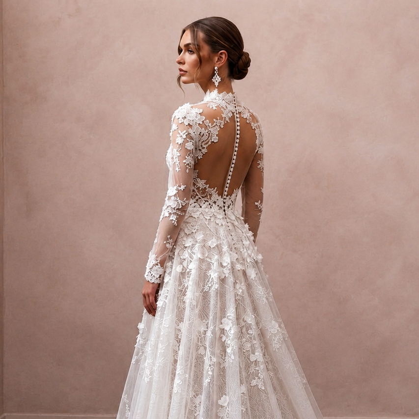 Illusion Sleeve Wedding Gown with Floral Lace - Apparel & Accessories > Clothing > Wedding & Bridal Party Dresses > Wedding Dresses - Mignonette Bridal