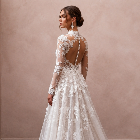 Illusion Sleeve Wedding Gown with Floral Lace - Apparel & Accessories > Clothing > Wedding & Bridal Party Dresses > Wedding Dresses - Mignonette Bridal