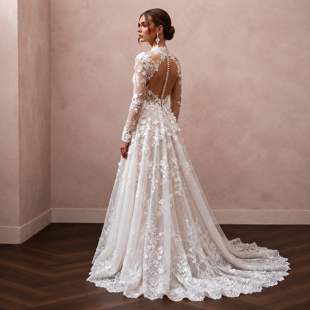 Illusion Sleeve Wedding Gown with Floral Lace - Apparel & Accessories > Clothing > Wedding & Bridal Party Dresses > Wedding Dresses - Mignonette Bridal