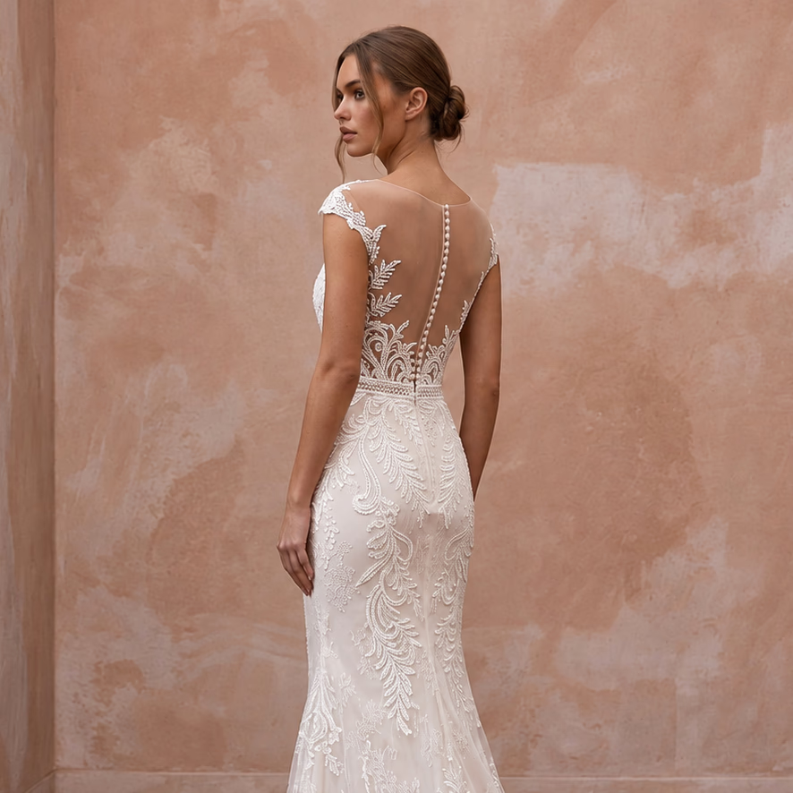 Ivory Alençon Lace Mermaid Dress with Scalloped Hem for Rehearsal Dinner