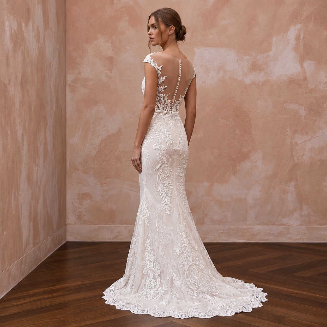 Ivory Alençon Lace Mermaid Dress with Scalloped Hem for Rehearsal Dinner Secondary image