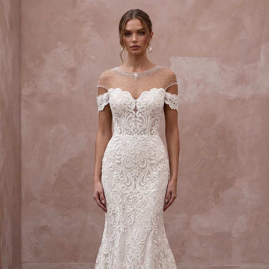 Ivory Alençon Lace Off-the-Shoulder Fit-and-Flare Wedding Gown