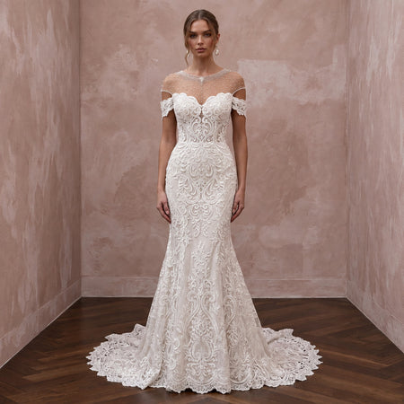 Ivory Alençon Lace Off-the-Shoulder Fit-and-Flare Wedding Gown