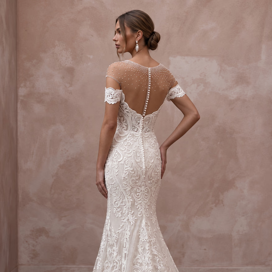 Ivory Alençon Lace Off-the-Shoulder Fit-and-Flare Wedding Gown