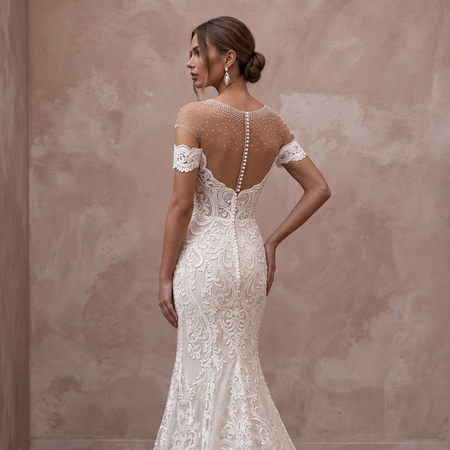 Ivory Alençon Lace Off-the-Shoulder Fit-and-Flare Wedding Gown