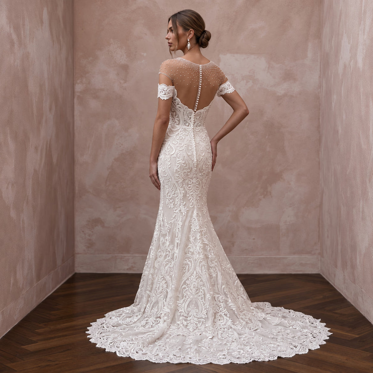 Ivory Alençon Lace Off-the-Shoulder Fit-and-Flare Wedding Gown