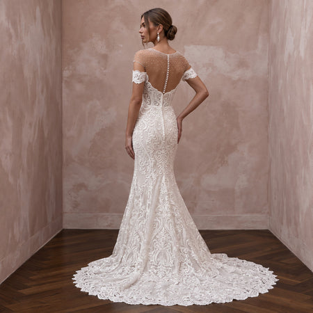 Ivory Alençon Lace Off-the-Shoulder Fit-and-Flare Wedding Gown