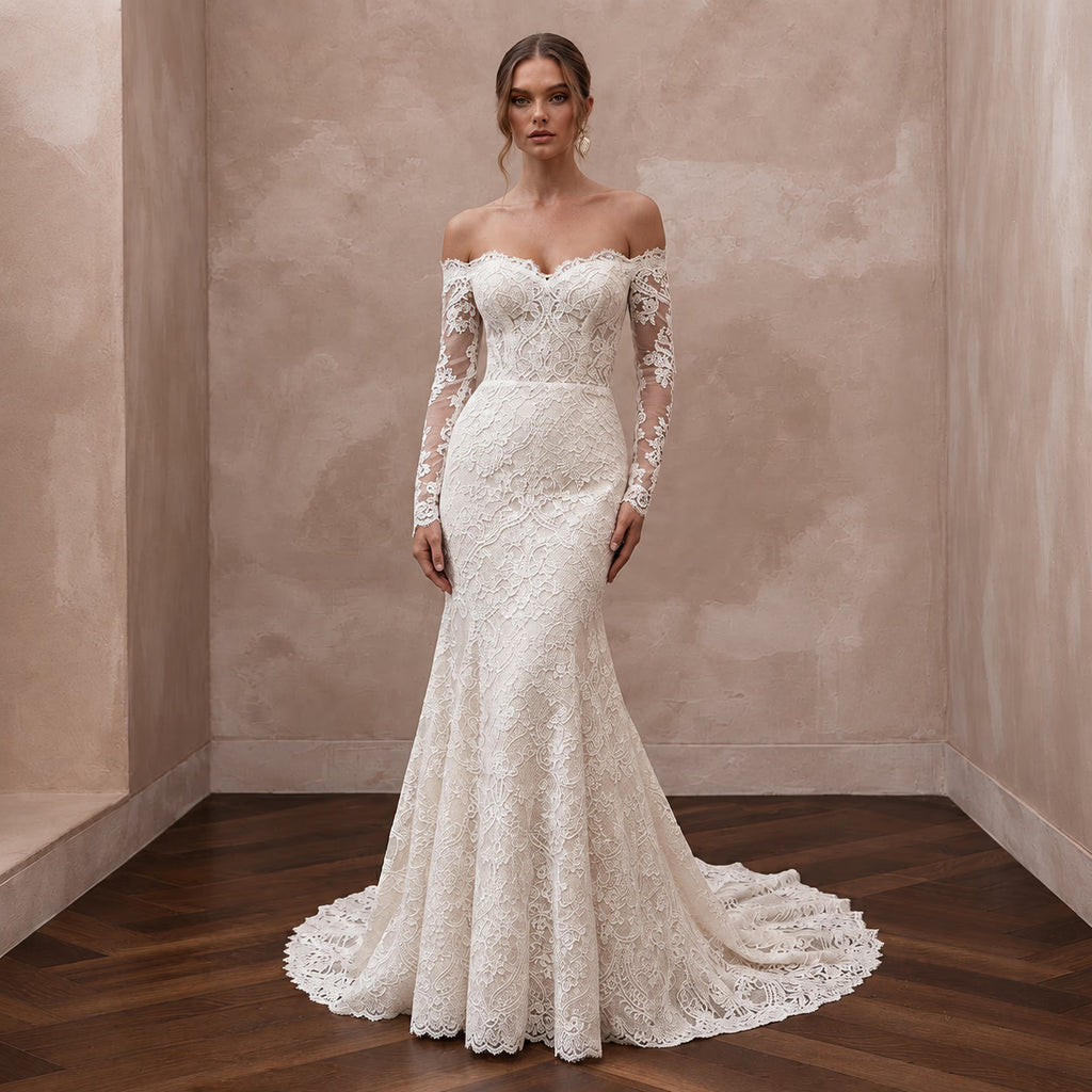 Ivory Alençon Lace Off-the-Shoulder Long Sleeve Fit-and-Flare Gown