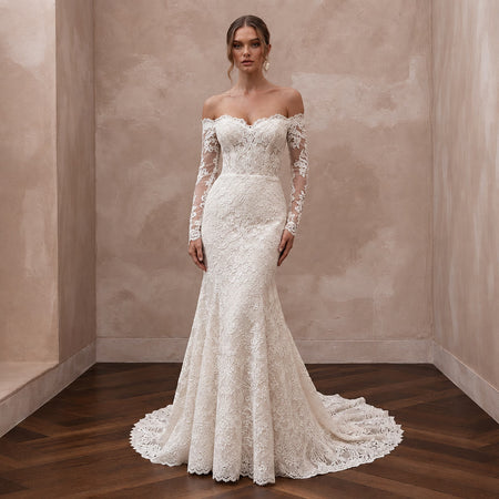 Ivory Alençon Lace Off-the-Shoulder Long Sleeve Fit-and-Flare Gown